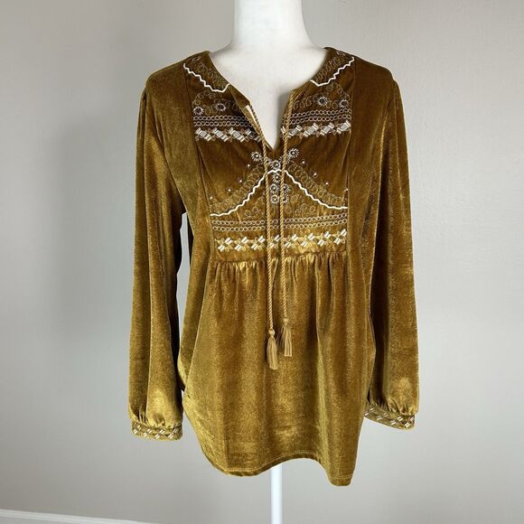 Curations Tops - Curations M Gold Yellow Velvet Peasant Top Embroidered Hippie Beaded Grunge